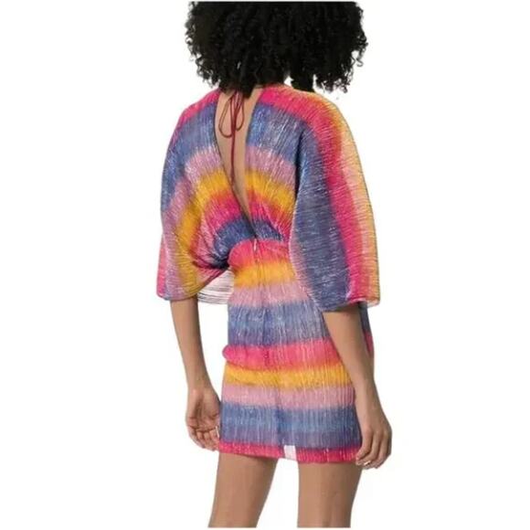 Rotate Birger Christensen Striped Plisse Mini Dress in Rainbow Metallic 36 US 4 - Picture 3 of 7